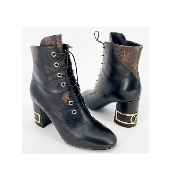 Louis Vuitton Shoes - Louis Vuitton 2020 Bliss Black Leather Monogram LV Canvas Ankle Boots EU 37.5
